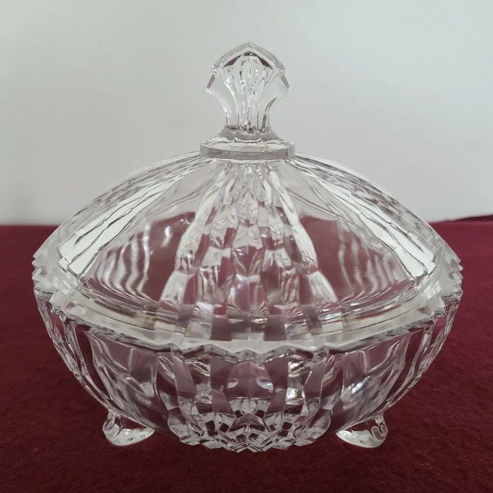Three-Footed Pedestal Glass Candy Dish Covered Bowl Art Deco Geometric Design